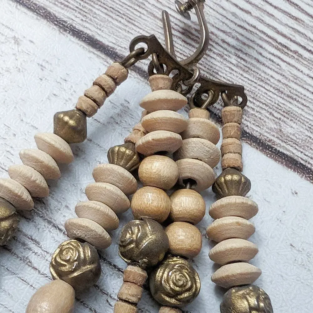 Vintage Screw Back Earrings Multi Stand Tan Dangle Long Statement